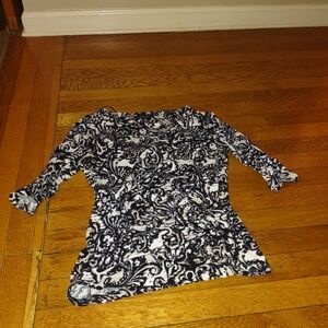 3/4 sleeve abstract paisley patterned black and white blouse from style & co PS